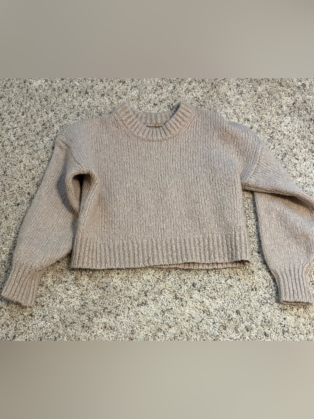 AE77 Premium Cocoon Crew Neck Merino Wool Cropped Beige/Taupe  Sweater Small EUC
